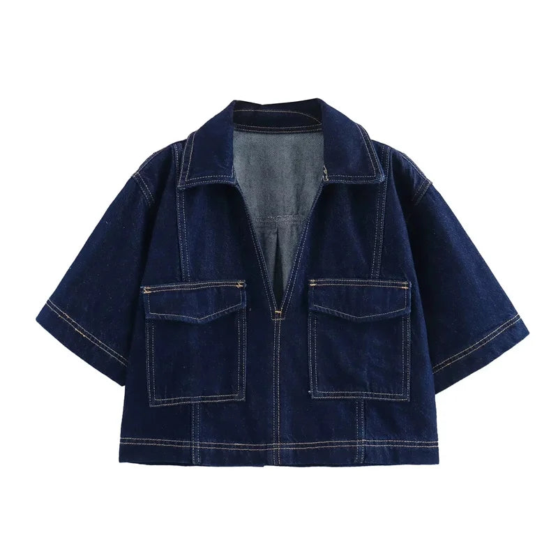 TRAF Blue Denim Shirt Woman Short Sleeve Cropped Shirt Women Summer