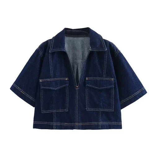 TRAF Blue Denim Shirt Woman Short Sleeve Cropped Shirt Women Summer