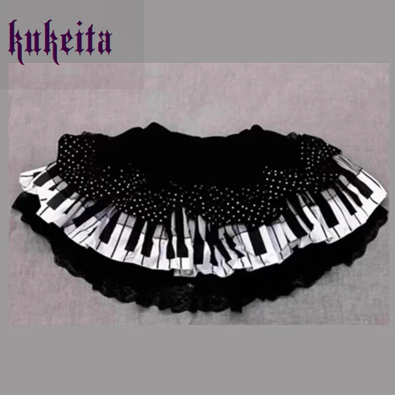 Kukeita Harajuku Y2k Punk Piano Key Wave Dot Lace Skirt Japanese