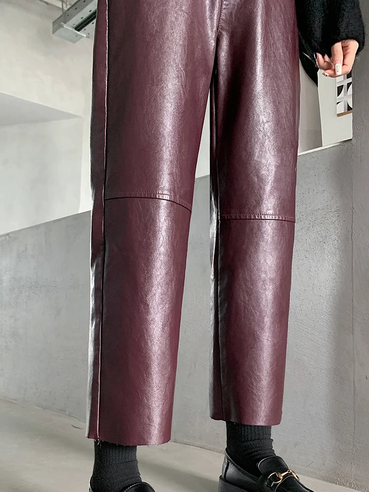 QOERLIN Fall Winter PU Leather Pants Women Elegant High Waist Pockets