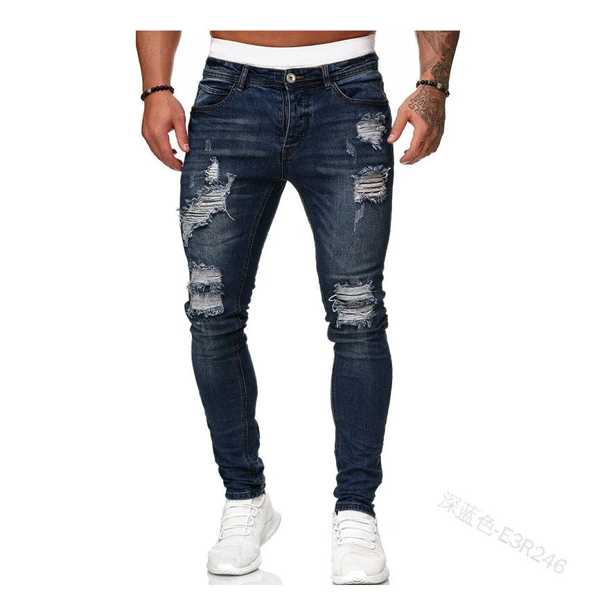 Ripped Mid Waist Slim Fit Men Jeans Vintage Denim Wash Solid Punk
