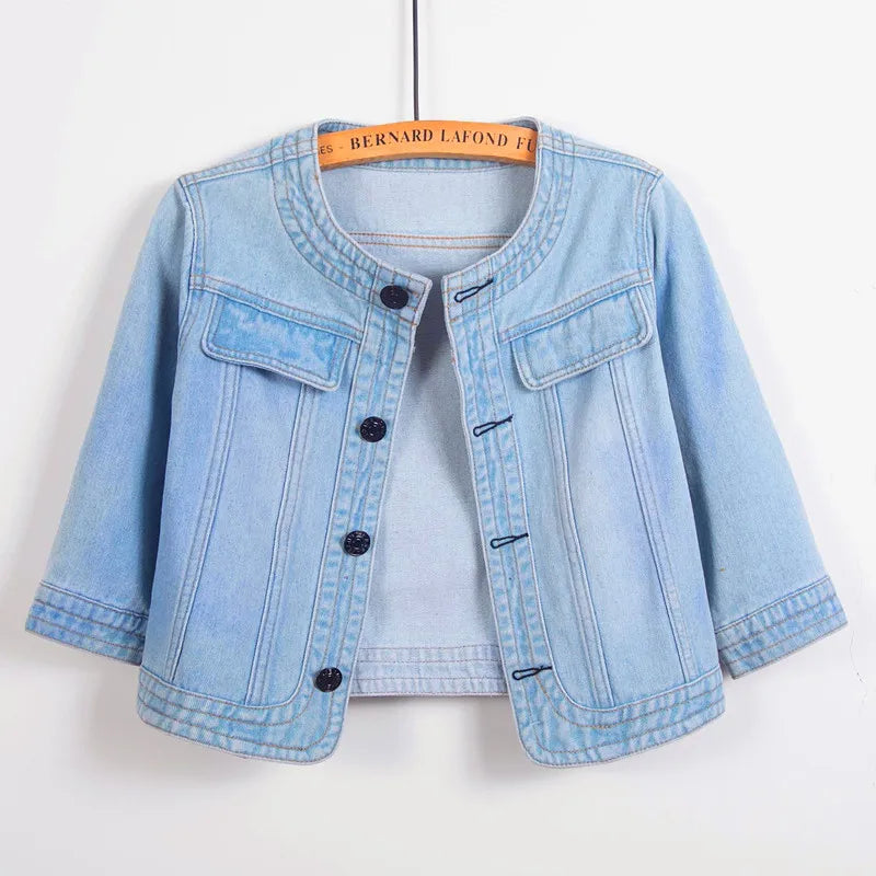 S-5XL Women Denim Jackets Spring Three-Quarter Sleeve O-Neck