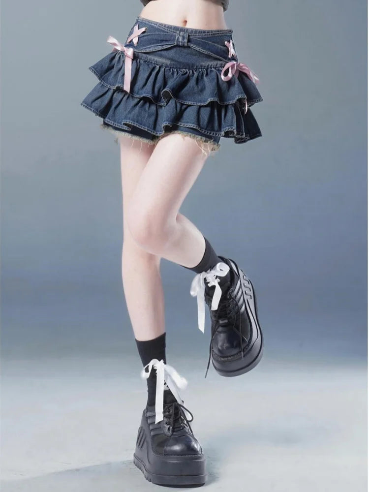 Blue Denim Pleated Skirt Bow Fold Design Women's A-line Short Skirt