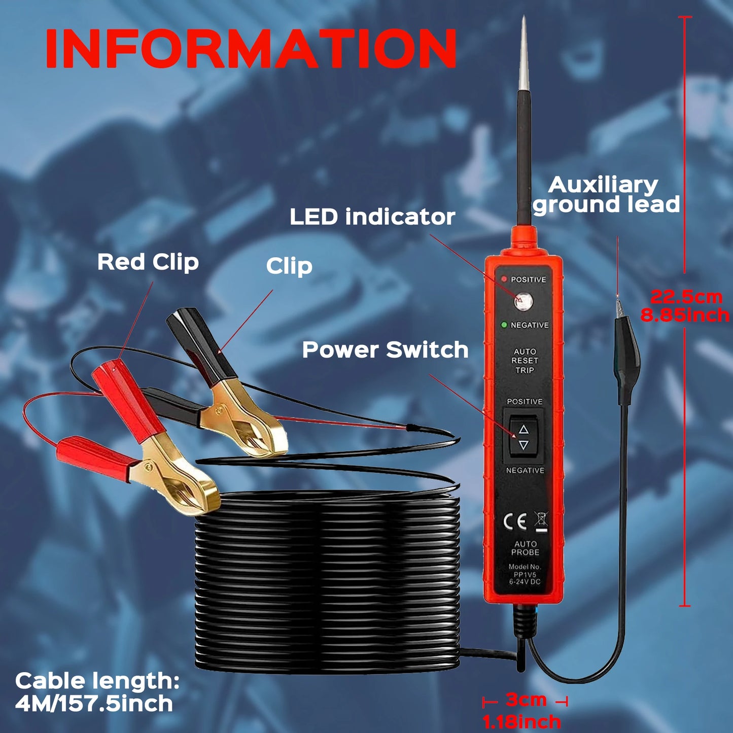 Power Circuit Probe Tester 6-24V DC Test Light Short Circuit