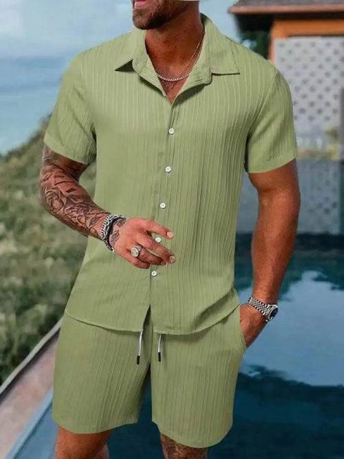 Men's beach suit striped solid color short sleeve shorts shirt Sports