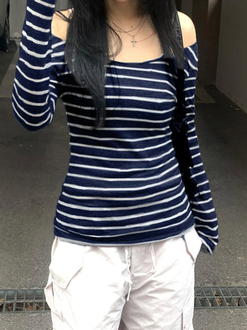 Sweetown Japanese Basic Slim Long Sleeve Stripe Tee Off Shoulder O
