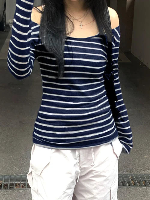 Sweetown Japanese Basic Slim Long Sleeve Stripe Tee Off Shoulder O