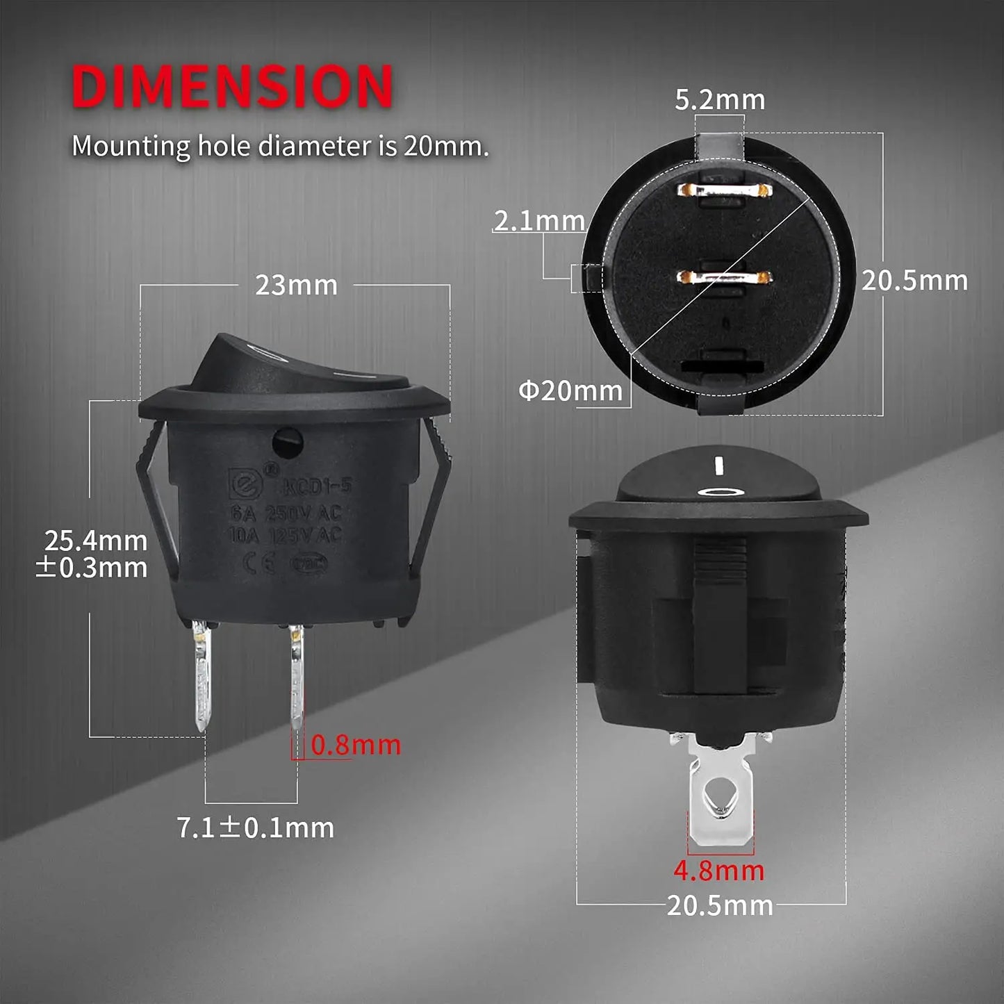 DaierTek 5PCS ON Off Round Rocker Switches SPST 20mm Mini 12 Volt DC