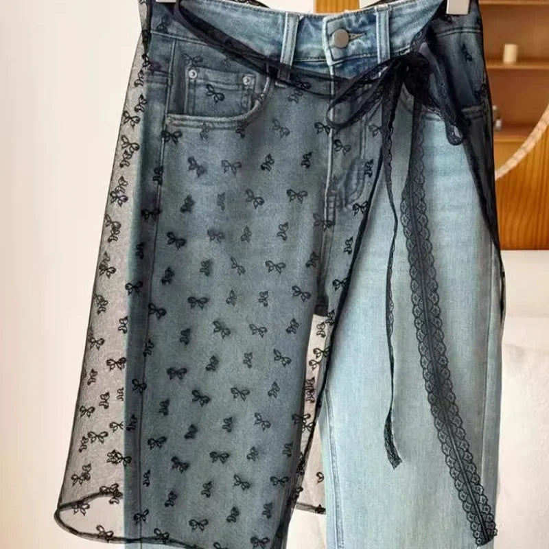 Lace Layered Gauze Skirt with Tie Up Women Vintage Bowknot Print