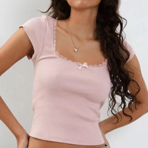 y2k Vintage Baby Tee Cottage Lace Trim Knitted T-Shirt Summer Square