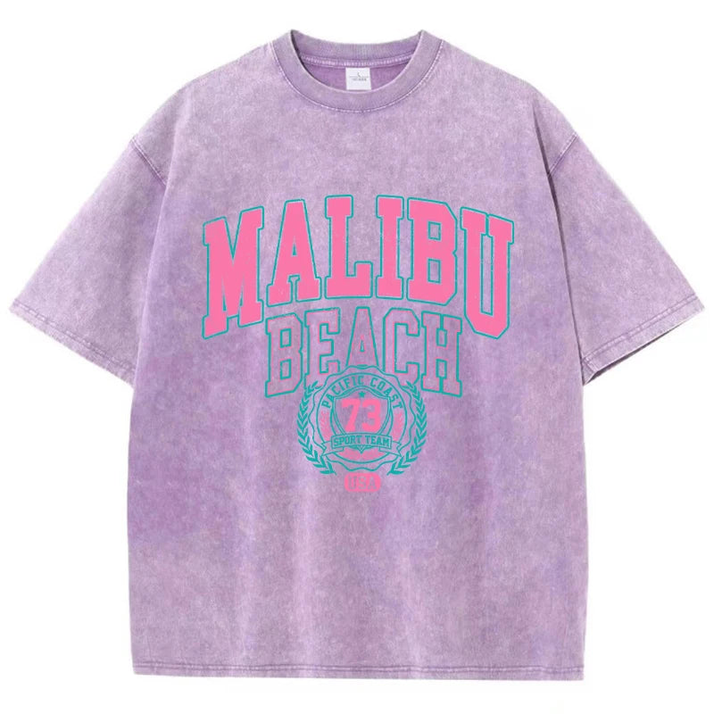 Malibu Beach Washed T-Shirt Women Letter Printing Cotton T Shirt