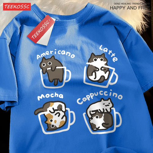 Cat Coffee Pure Cotton Trendy Summer Loose Short Sleeved T-shirt Men