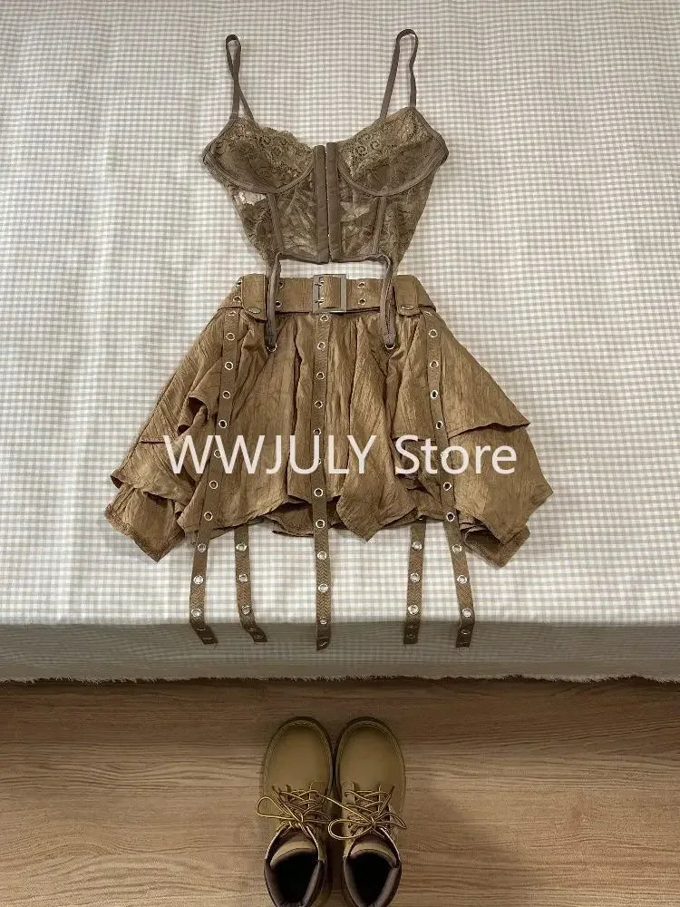 Harajuku Vintage Fashion 3 Piece Set Woman Short Cardigan + Slim Vest