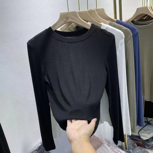 Autumn Office Lady Basic O-Neck Slim T-Shirt Women Solid Multi Color