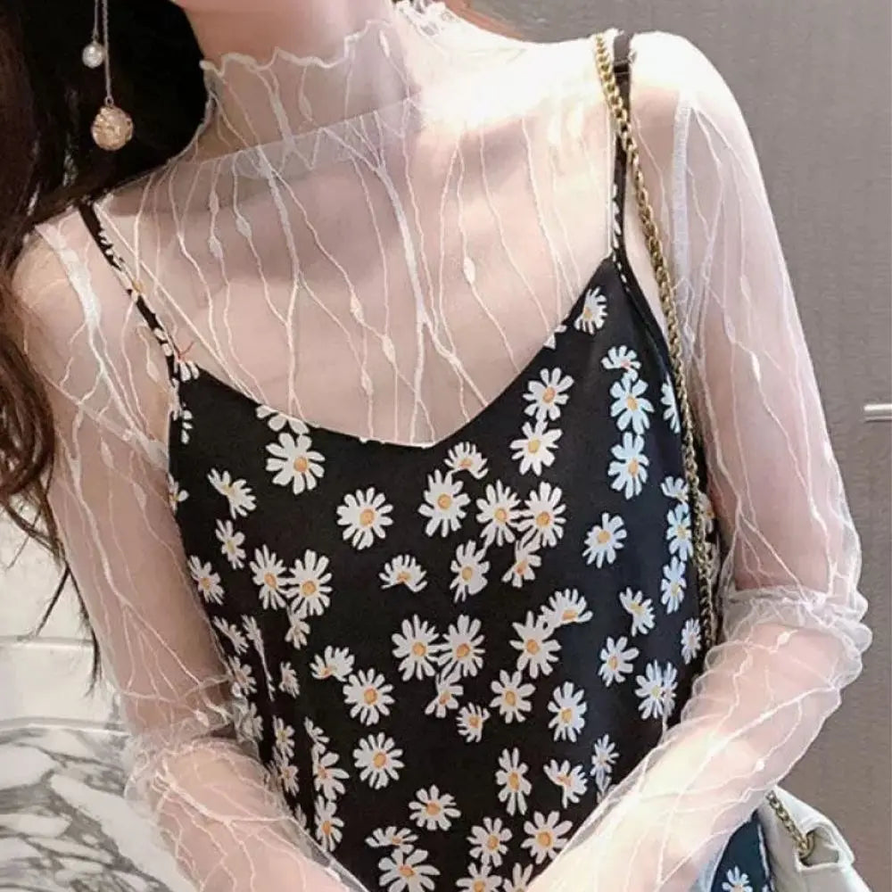 Sexy Black Line T-shirt For Women Mesh See Through Long Sleeve Tees