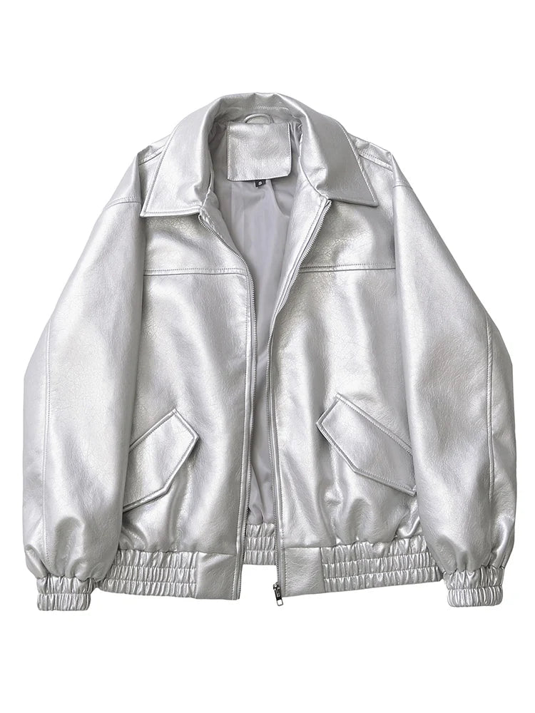 Ailegogo Streetwear Women Retro Loose Short Pu Faux Leather Jacket