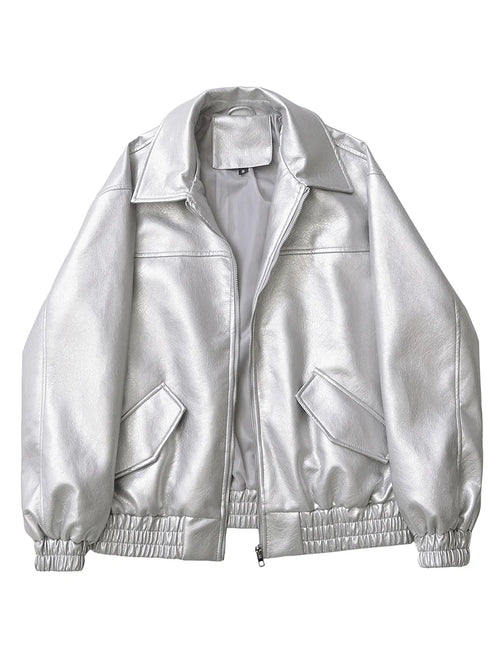 Ailegogo Streetwear Women Retro Loose Short Pu Faux Leather Jacket