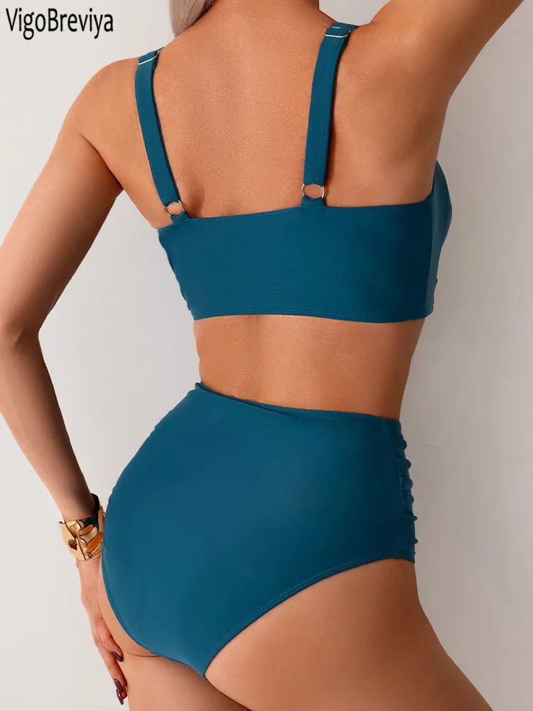 VigoBreviya 2025 Sexy Blue Strapped Swimwear Women High Waist Bikini Set Brazilian Lady Swimsuit Cross Push Up Beach Bath Suit