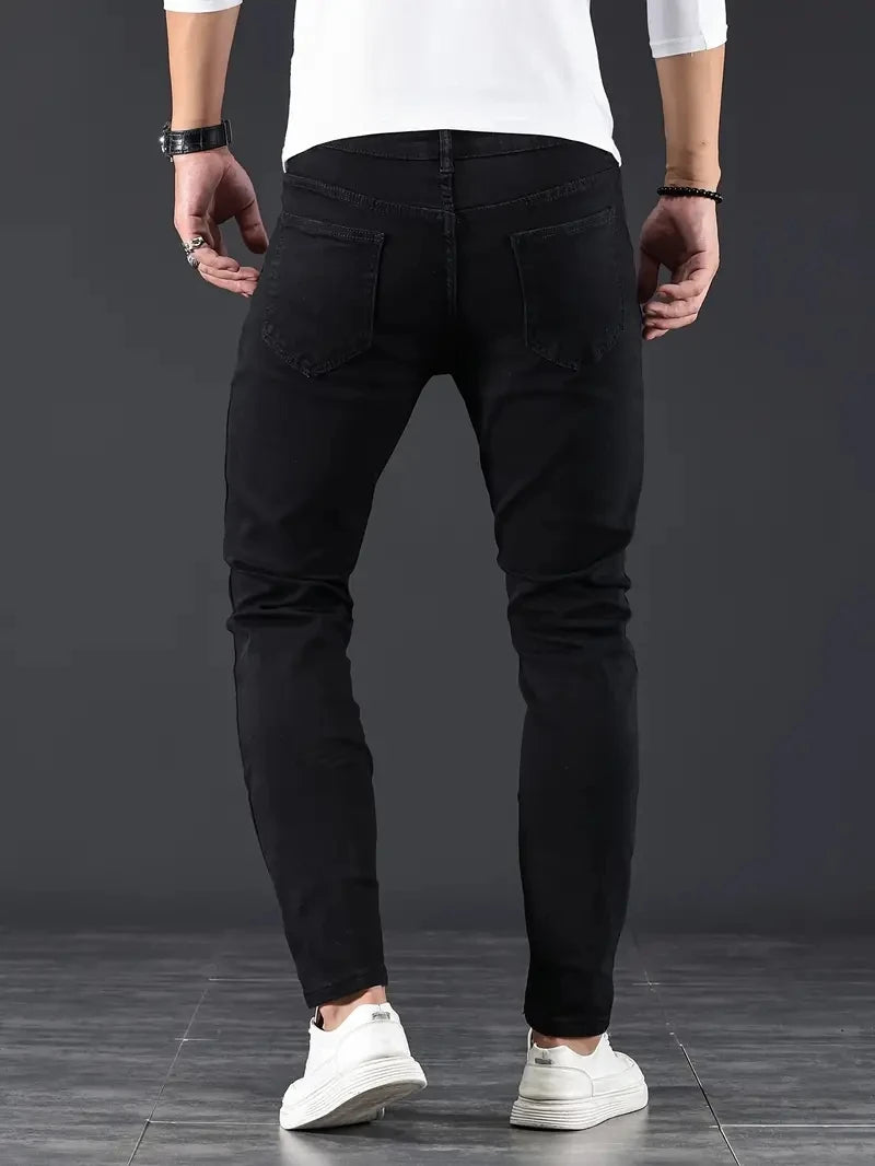 Mens Pants Pure Color Stretch Jeans Street Casual Slim Fit Trousers