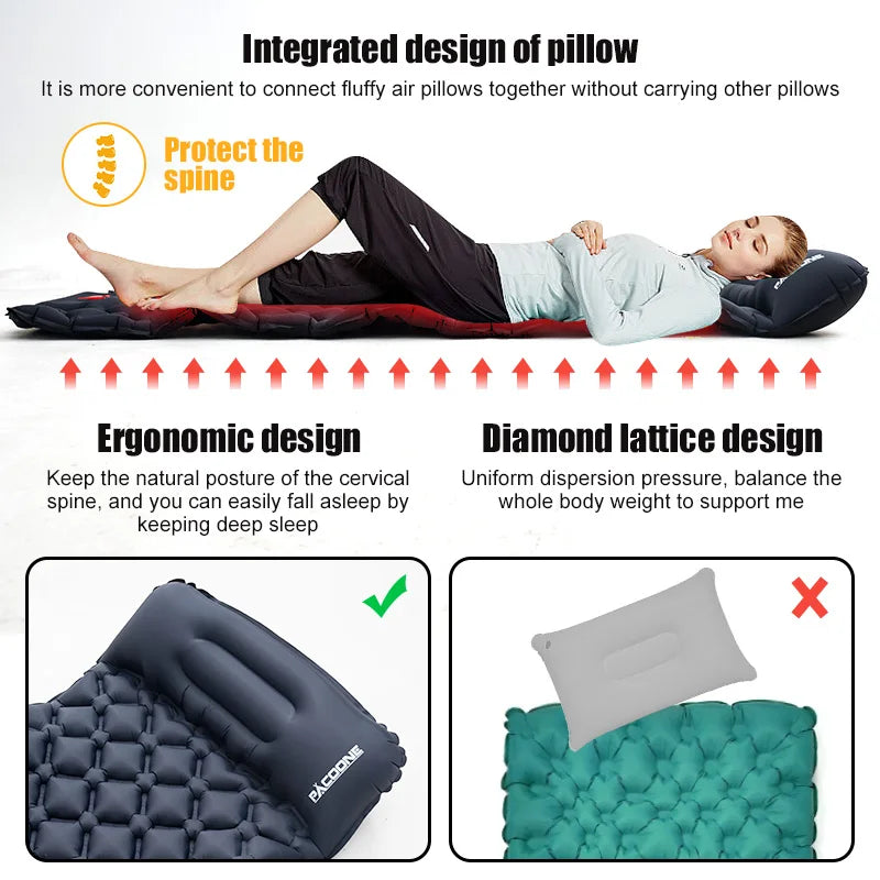 PACOONE Outdoor Camping Sleeping Pad Inflatable Mattress with Pillows