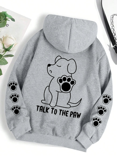 Talk To The Paw Funny Dog Cartoon Print Hoodie Women Warm Fleece Hoody
