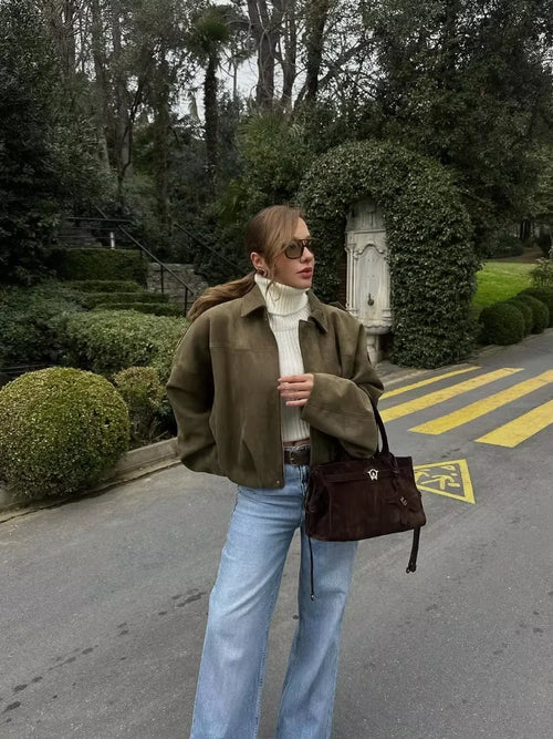 Women Green Suede Short Jacket Fashion Full Sleeve Zipper Lapel Pocket