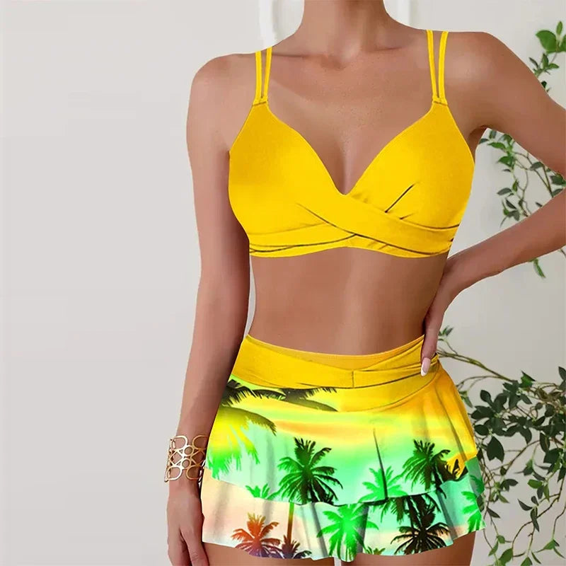 Women's Hanging Neck Straps Sunset Coconut Print Two Piece Swimsuit