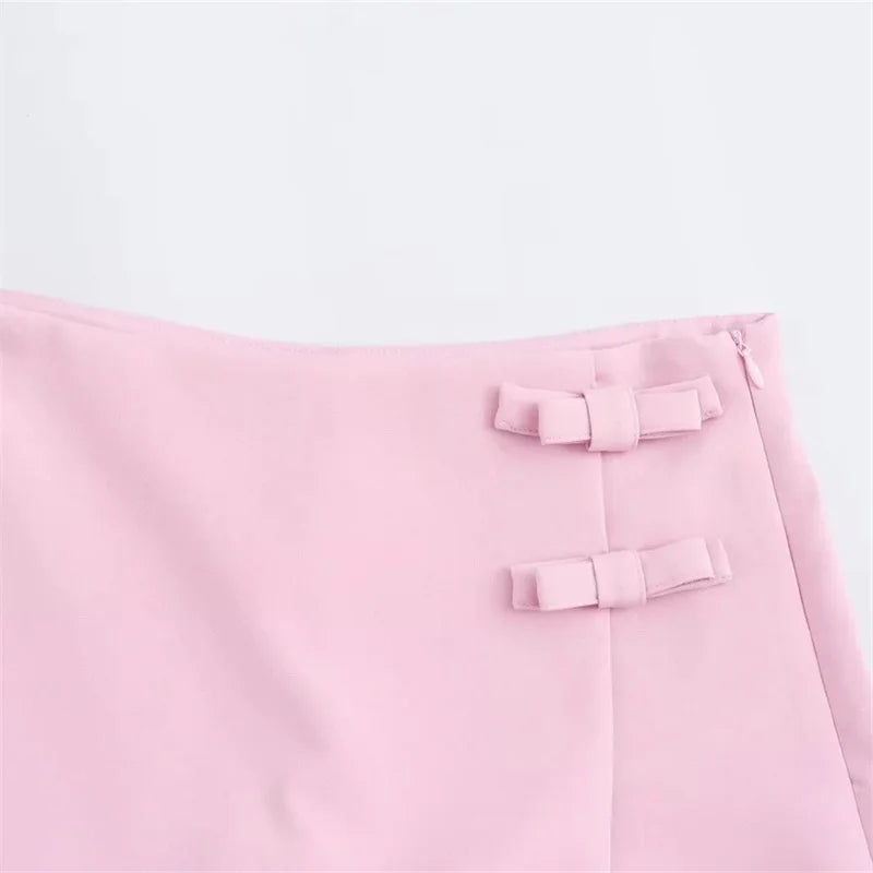 TRAF 2024 Pink White Mini Skirt Woman Fashion Bow Skort For Women