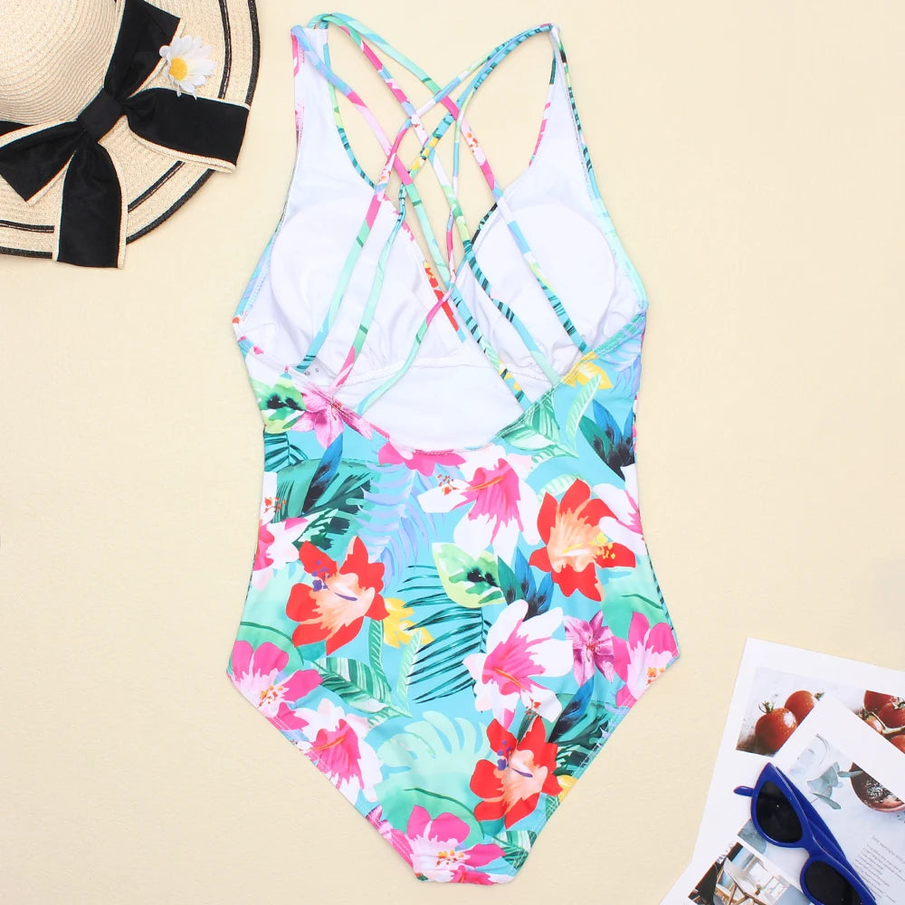 Women Printed One Piece Swimwear Sexy Backless Swimsuit V Neck Summer