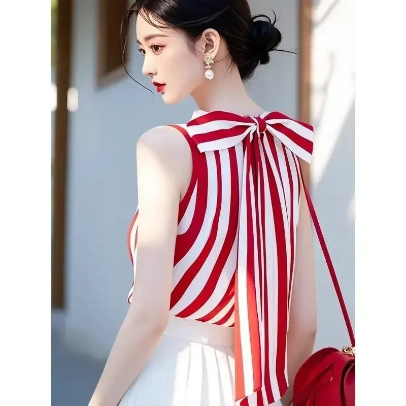 France Nostalgia White Red Striped Bow Shirt Women Sleeveless Tank