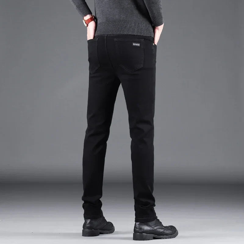 Spring Autumn New Men's Pure Black Slim Jeans Elastic Straight Pants