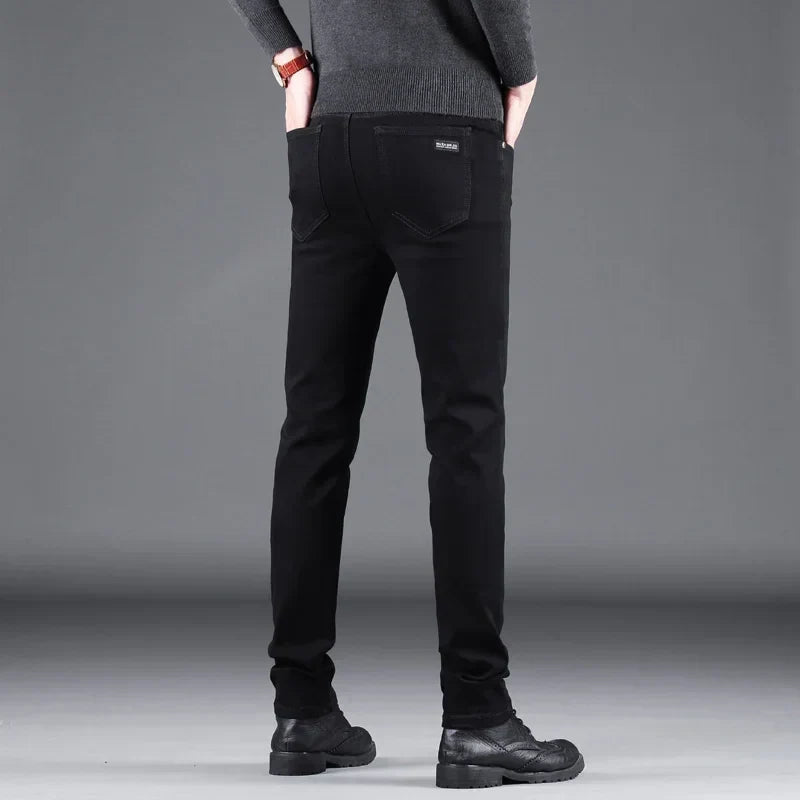 Spring Autumn New Men's Pure Black Slim Jeans Elastic Straight Pants