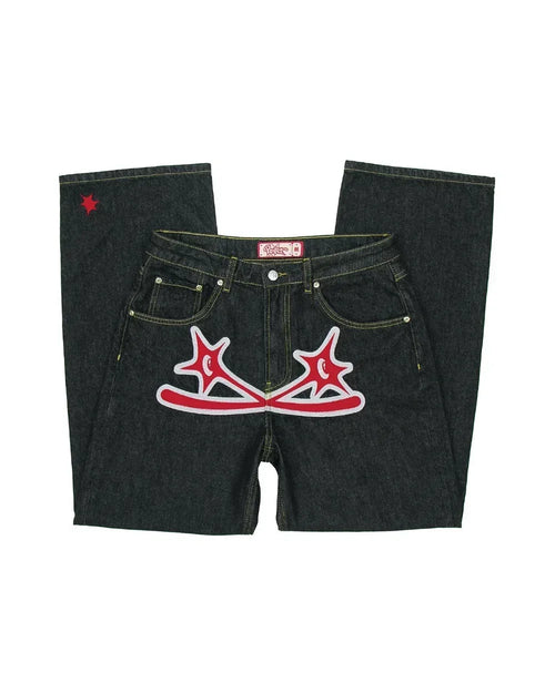 Y2K Men blue letter printed jeans high-end fashion hip-hop trend