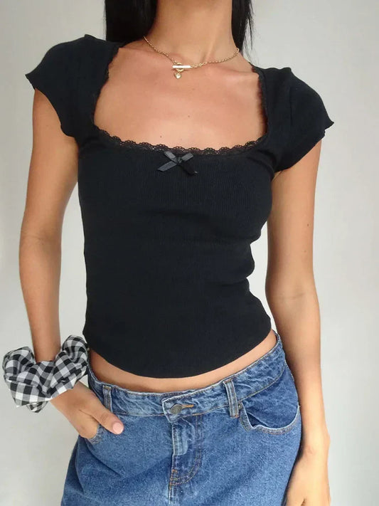 y2k Vintage Baby Tee Cottage Lace Trim Knitted T-Shirt Summer Square