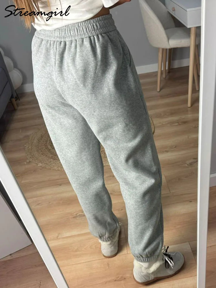 Thick Warm Sweatpants Women Winter Straight Leg Fleece Pants Elastic
