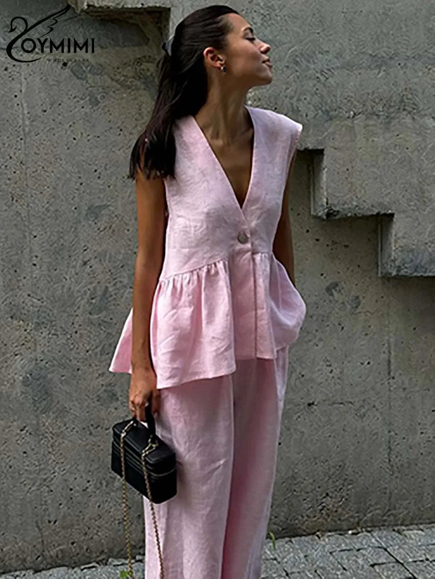 Oymimi Fashion Pink Cotton Sets Womens 2 Piece Elegant Deep V-Neck