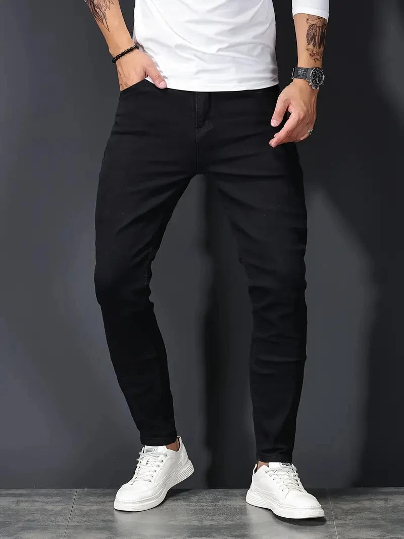 Mens Pants Pure Color Stretch Jeans Street Casual Slim Fit Trousers