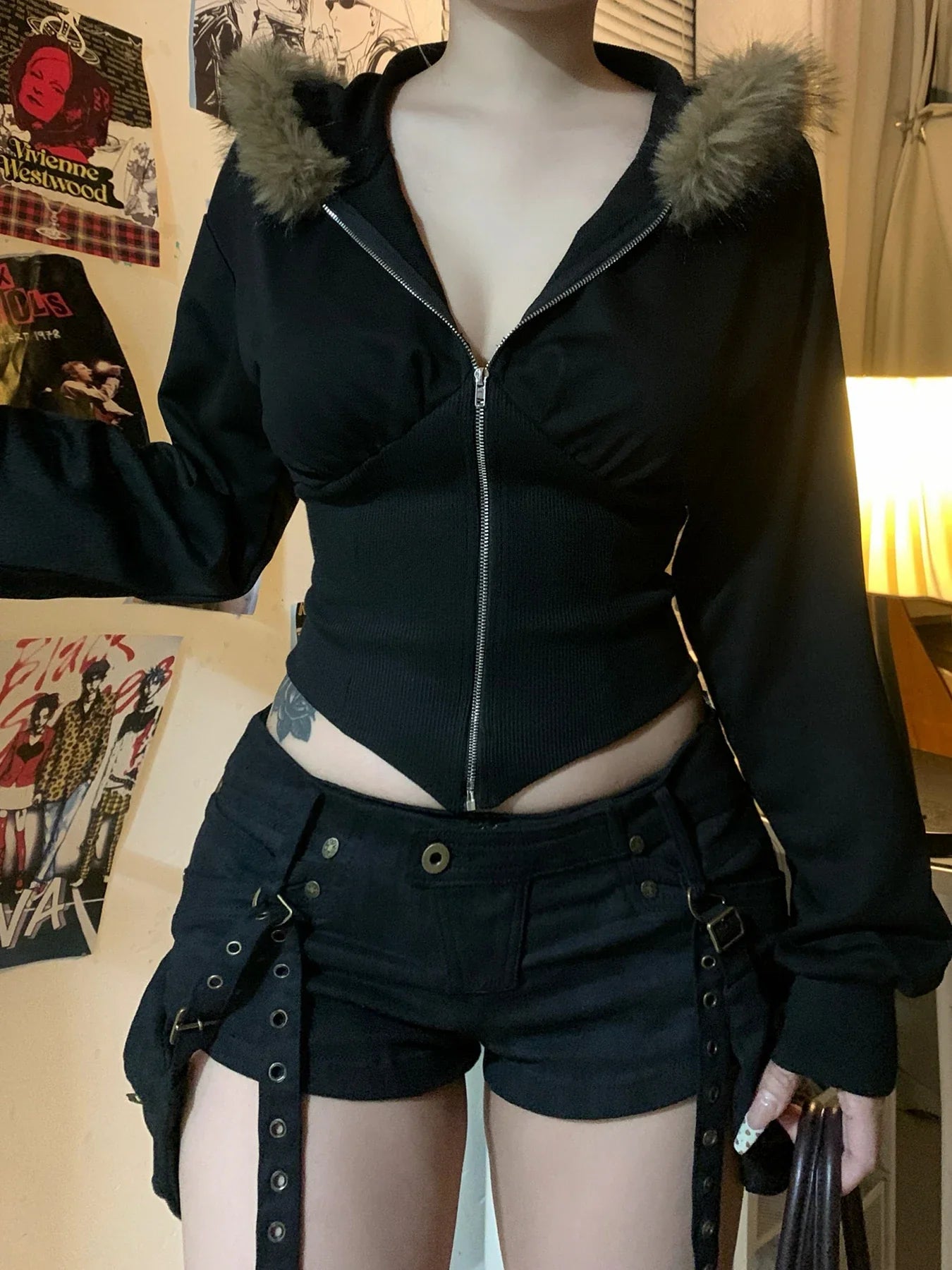 Cuteandpsycho Zip Up Fur Neck Hoodie Coats Fashion Slim Solid Y2K