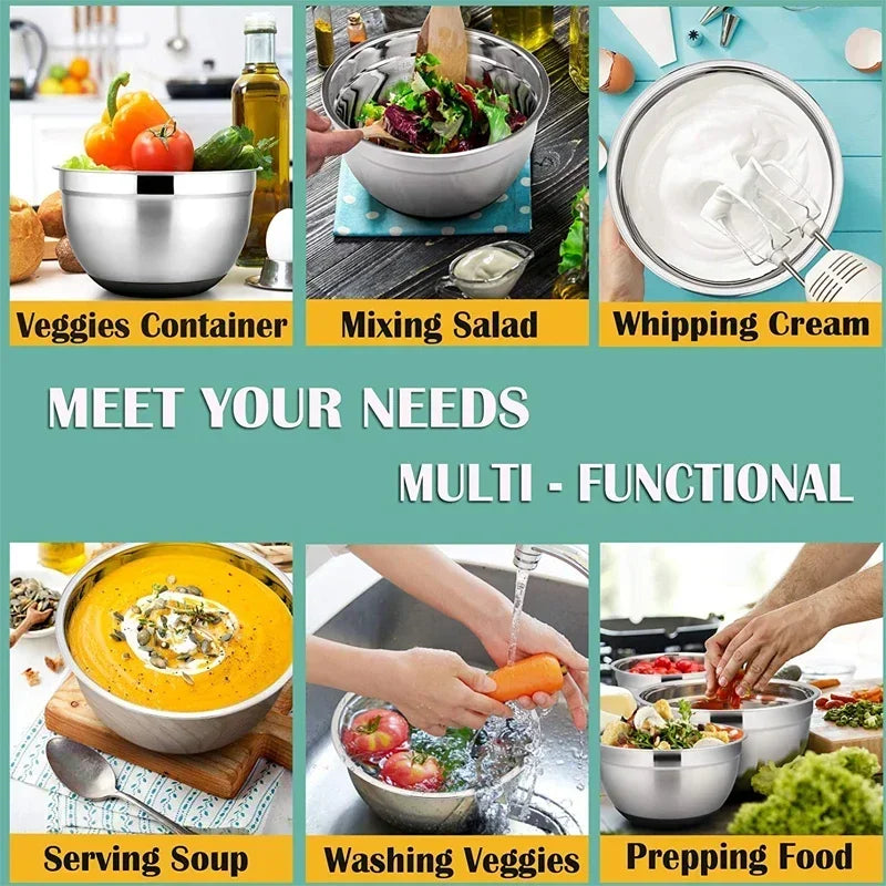 6-piece Set Mixing Bowls with Lids and Non Slip Bases Stainless Steel