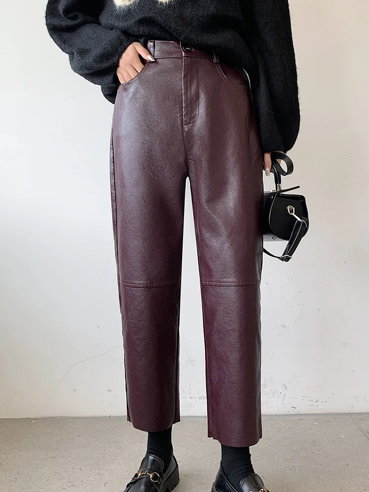QOERLIN Fall Winter PU Leather Pants Women Elegant High Waist Pockets