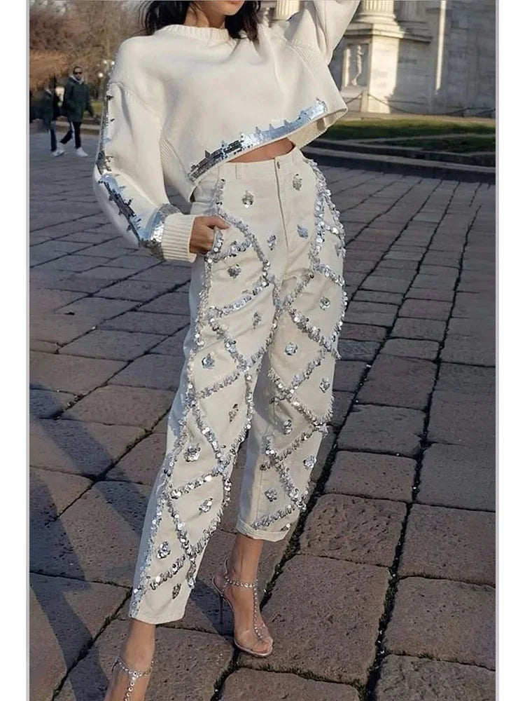 Sequin Decor Straight Leg Denim Jeans for Women High Wait Elegant