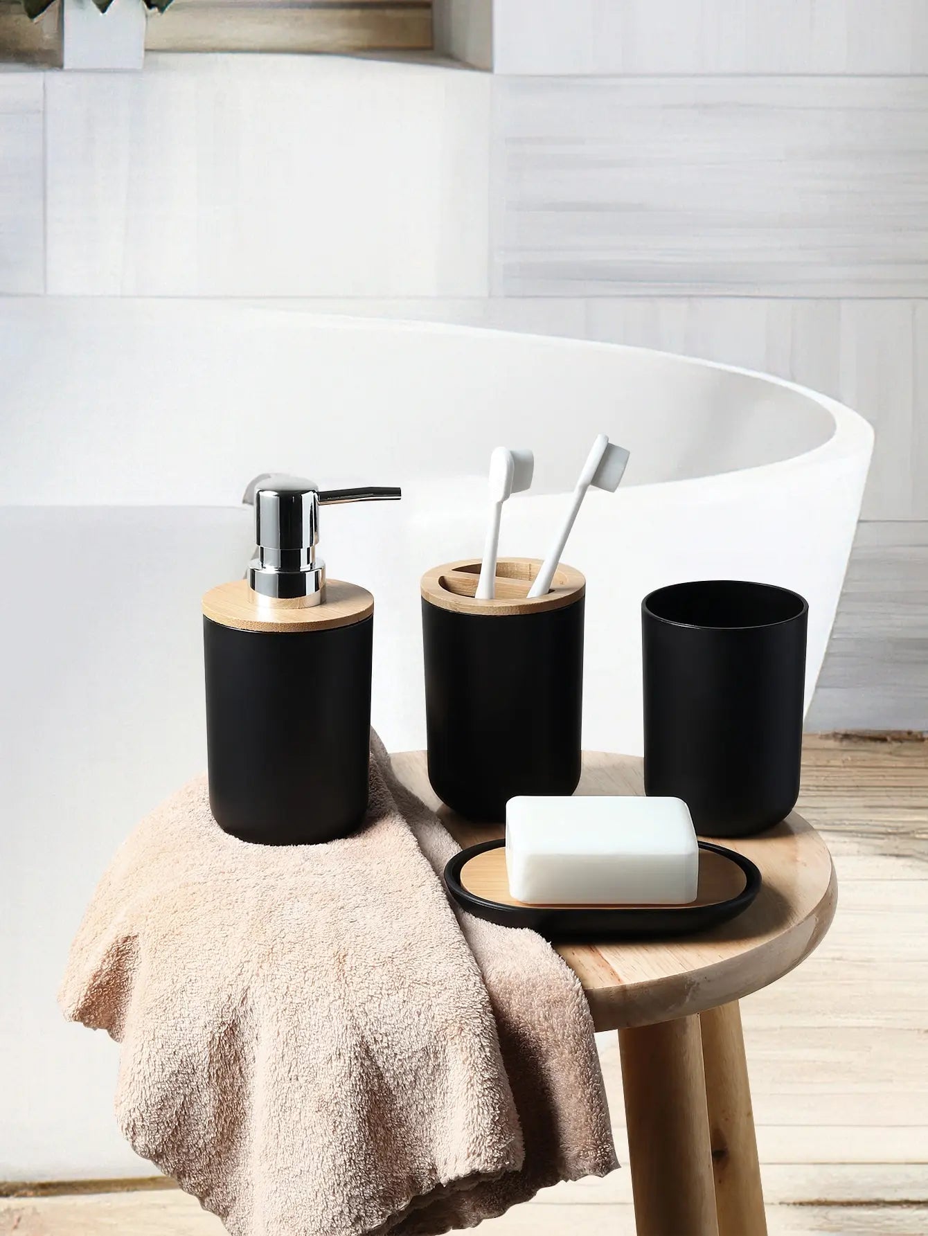 4-piece black bathroom accessories set, plastic toothbrush holder with