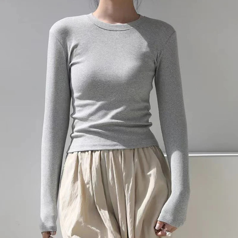 Cotton O Neck Long Sleeve Shirt Women Sexy Cropped Tops 2024 Autumn