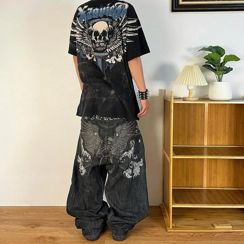 Japanese Kawaii Cartoon Characters Embroidered Light Blue Washed Baggy