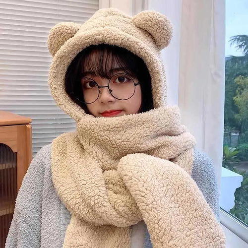 SIMPLEJEWEL™ Women Cute Bear Hoodie Hat Scarf Gloves Set 3-in-1