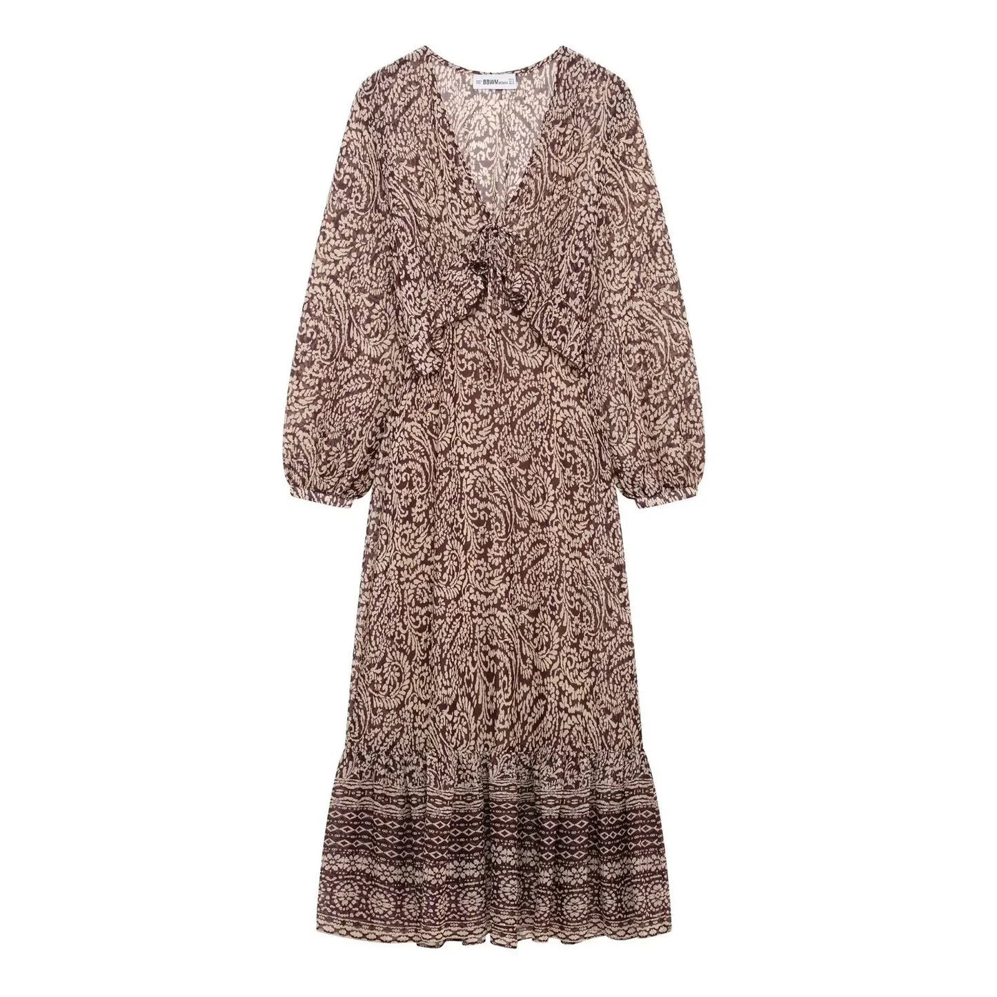 2025 Spring New Product Women's Stacked Decorative Printed V-neck Midi