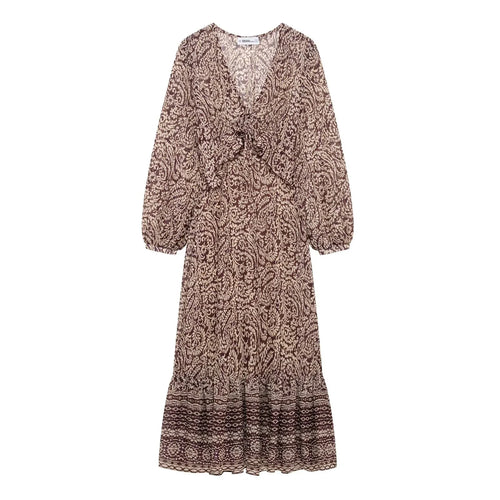 2025 Spring New Product Women's Stacked Decorative Printed V-neck Midi