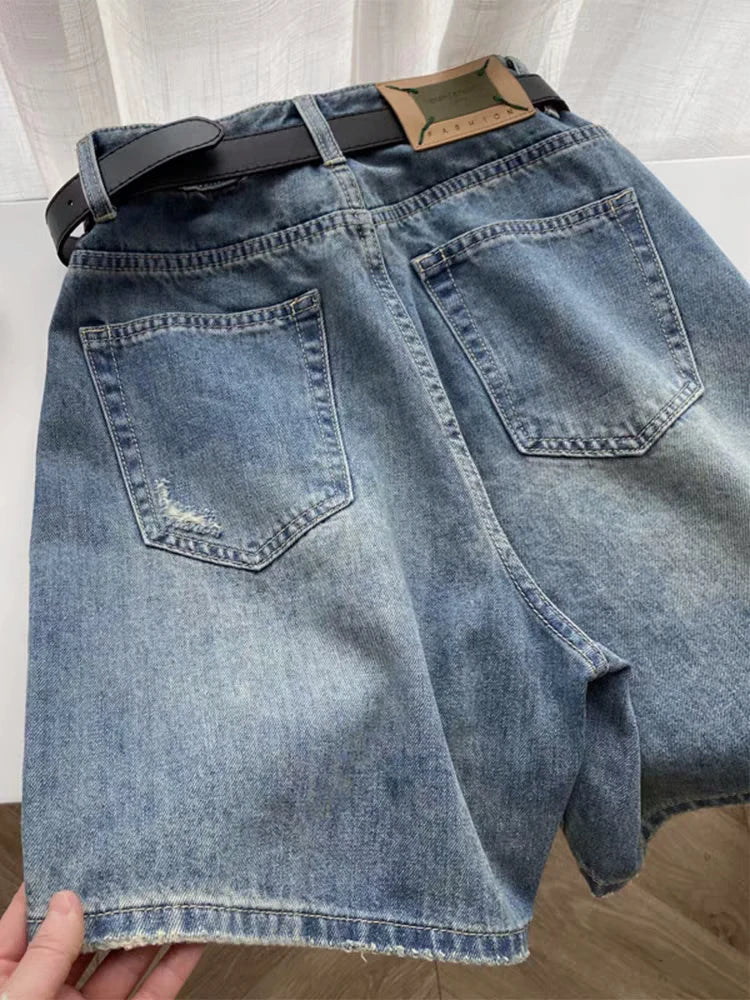 Fashion Holes Denim Shorts 2024 New Women's Summer A-line Wide Legs