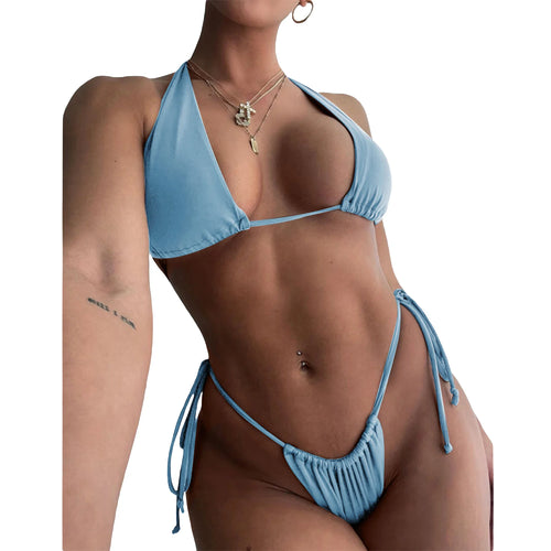 Fashion Women’s Sexy Two Piece Bikini Suits Solid Color Halter Tops