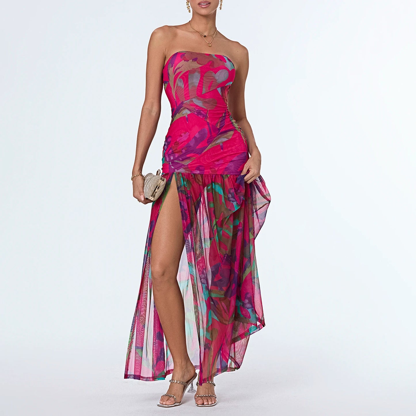 Women’s Tube Top Summer Dress Slim Strapless Backless Mesh Patchwork